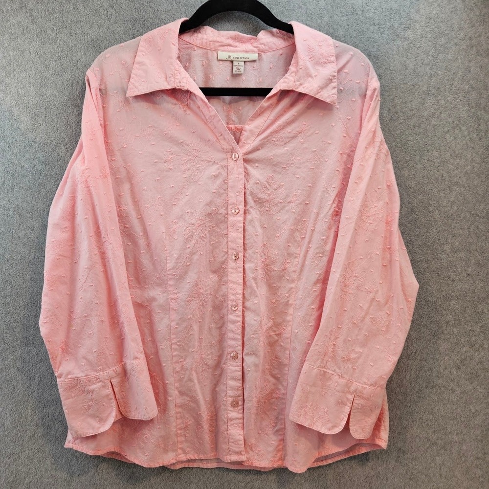 JM Collection Pink Floral Embroidered Swiss Dot Cotton Blouse Womens 16